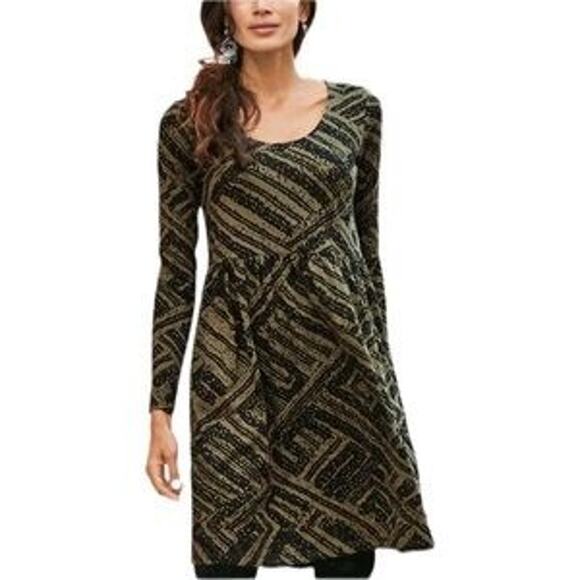 NWT Peruvian Connection Dress Womens XS Long Sleeve Pima Cotton Olive Blockprint - Picture 1 of 11